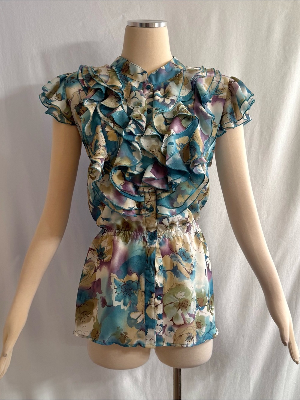 Y2K Floral Watercolor Ruffle Blouse